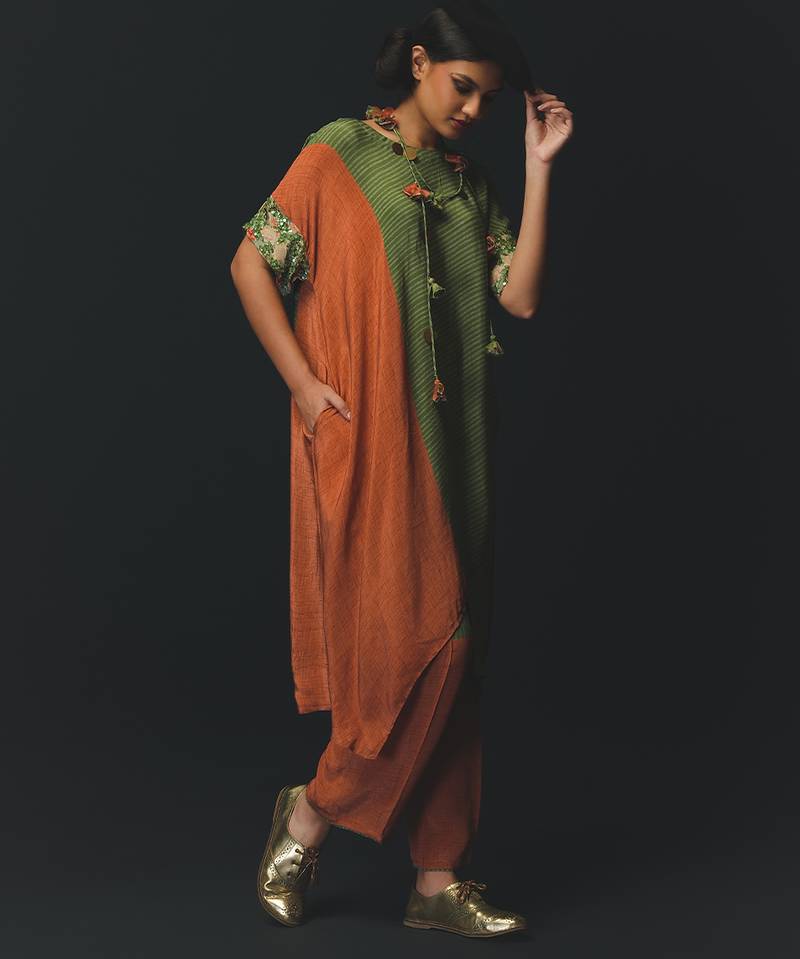 Green and Orange embroidered crepe kurta set