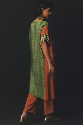 Green and Orange embroidered crepe kurta set