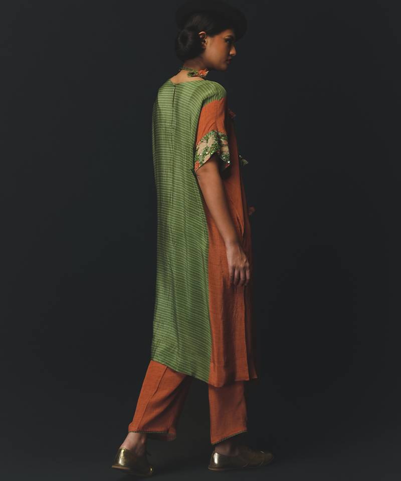 Green and Orange embroidered crepe kurta set