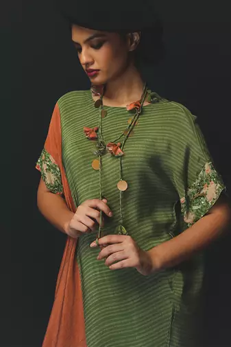 Green and Orange embroidered crepe kurta set