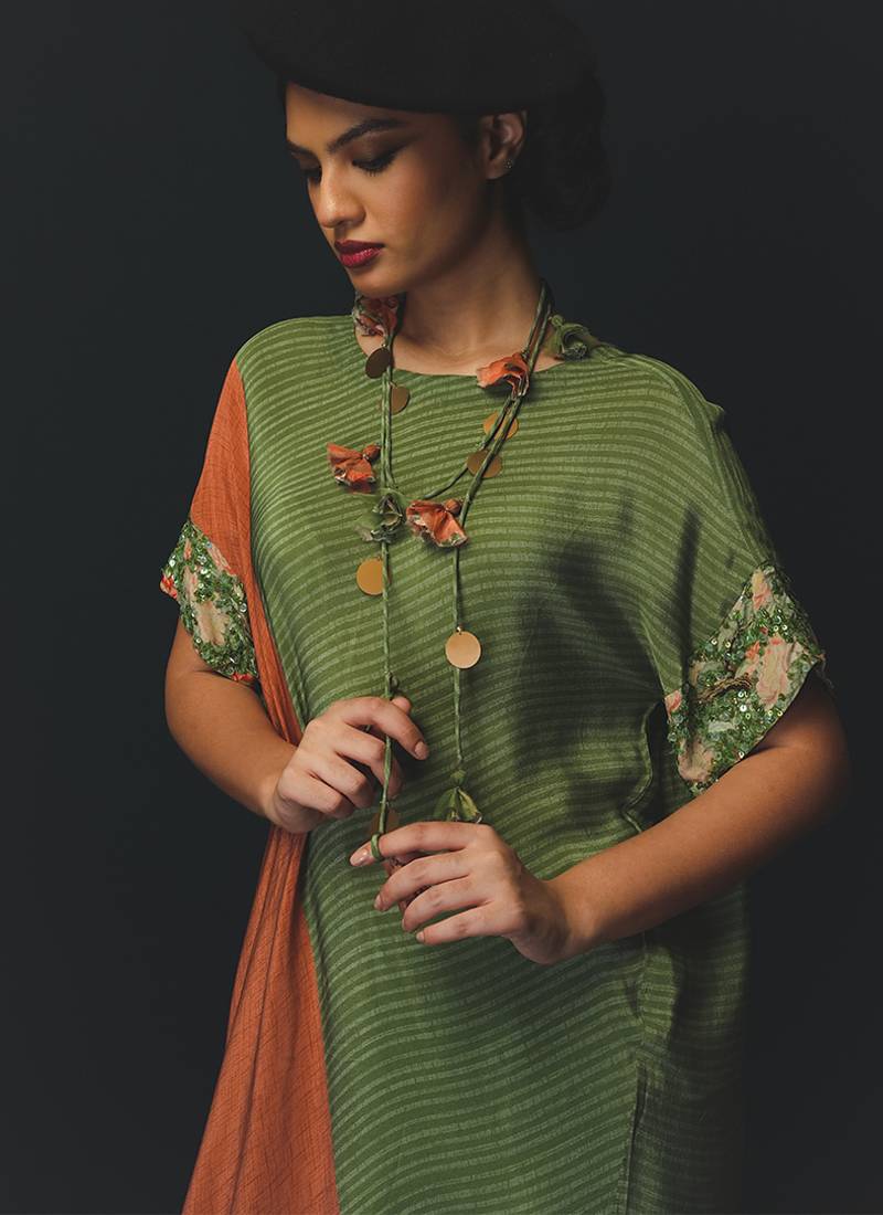 Green and Orange embroidered crepe kurta set