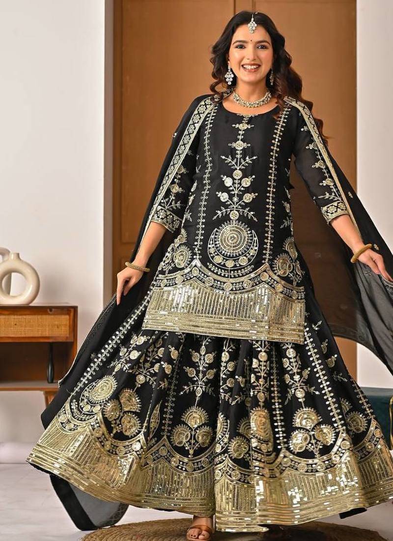 Black vichitra silk party wear embroidery  suit set