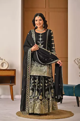 Black vichitra silk party wear embroidery  suit set
