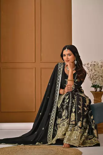 Black vichitra silk party wear embroidery  suit set
