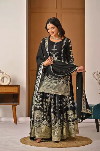 Black vichitra silk party wear embroidery  suit set