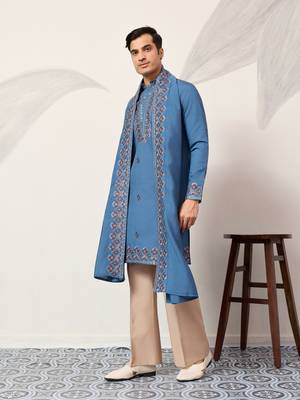 BLUE VISCOSE SILK THREAD & SEQUINS EMBROIDERED WORK FUNCTION FESTIVAL MARRIAGE PARTY WEAR STRAIGHT KURTA DUPATTA 7