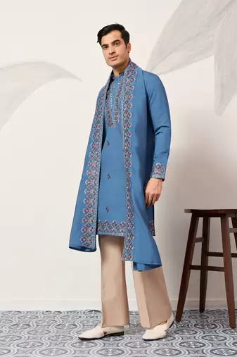 BLUE VISCOSE SILK THREAD & SEQUINS EMBROIDERED WORK FUNCTION FESTIVAL MARRIAGE PARTY WEAR STRAIGHT KURTA DUPATTA
