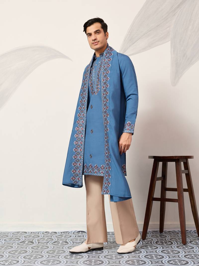 BLUE VISCOSE SILK THREAD & SEQUINS EMBROIDERED WORK FUNCTION FESTIVAL MARRIAGE PARTY WEAR STRAIGHT KURTA DUPATTA