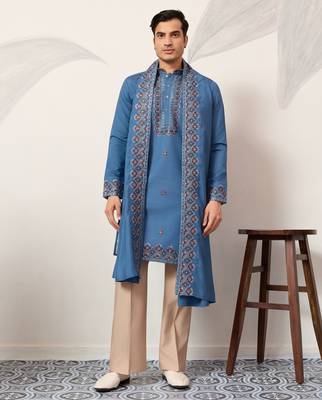 BLUE VISCOSE SILK THREAD & SEQUINS EMBROIDERED WORK FUNCTION FESTIVAL MARRIAGE PARTY WEAR STRAIGHT KURTA DUPATTA 8