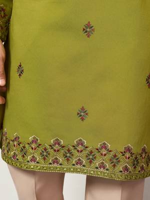 FLUORESENT GREEN VISCOSE SILK THREAD & SEQUINS EMBROIDERED WORK FESTIVAL MARRIAGE PARTY WEAR STRAIGHT KURTA DUPATTA 7