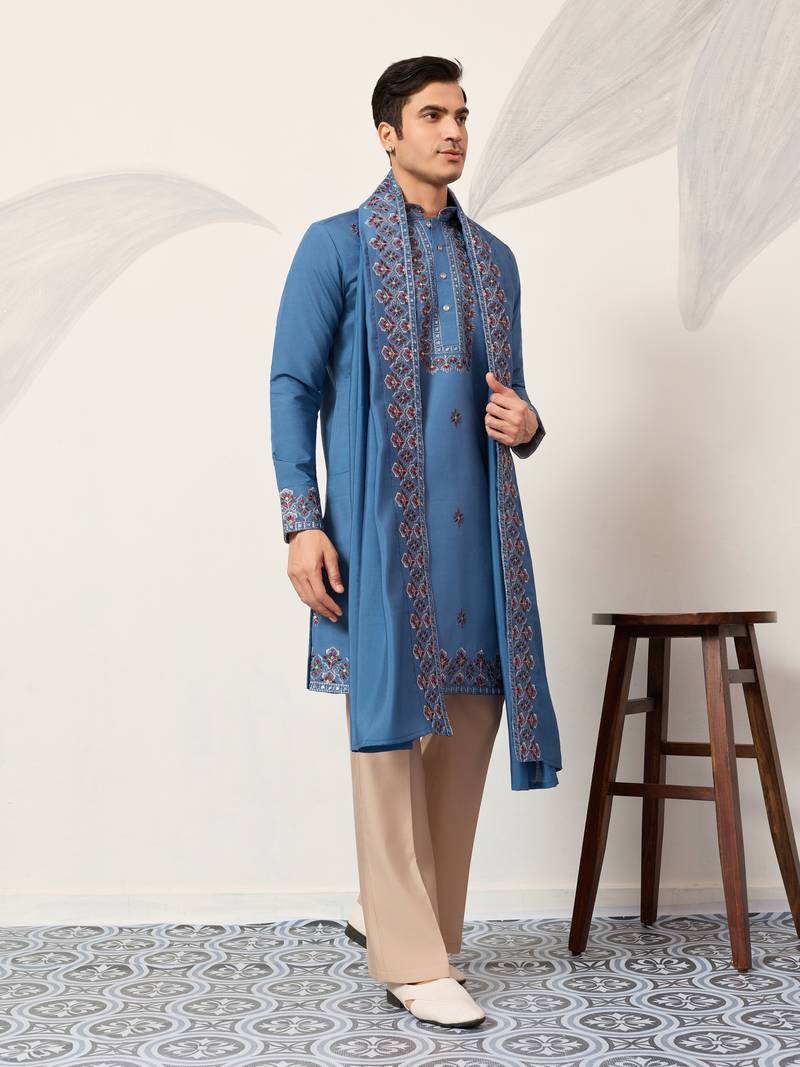 BLUE VISCOSE SILK THREAD & SEQUINS EMBROIDERED WORK FUNCTION FESTIVAL MARRIAGE PARTY WEAR STRAIGHT KURTA DUPATTA