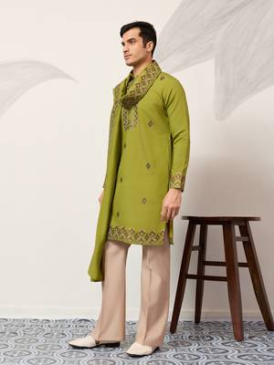 FLUORESENT GREEN VISCOSE SILK THREAD & SEQUINS EMBROIDERED WORK FESTIVAL MARRIAGE PARTY WEAR STRAIGHT KURTA DUPATTA 8