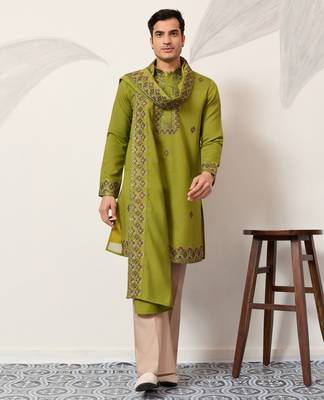 FLUORESENT GREEN VISCOSE SILK THREAD & SEQUINS EMBROIDERED WORK FESTIVAL MARRIAGE PARTY WEAR STRAIGHT KURTA DUPATTA 9
