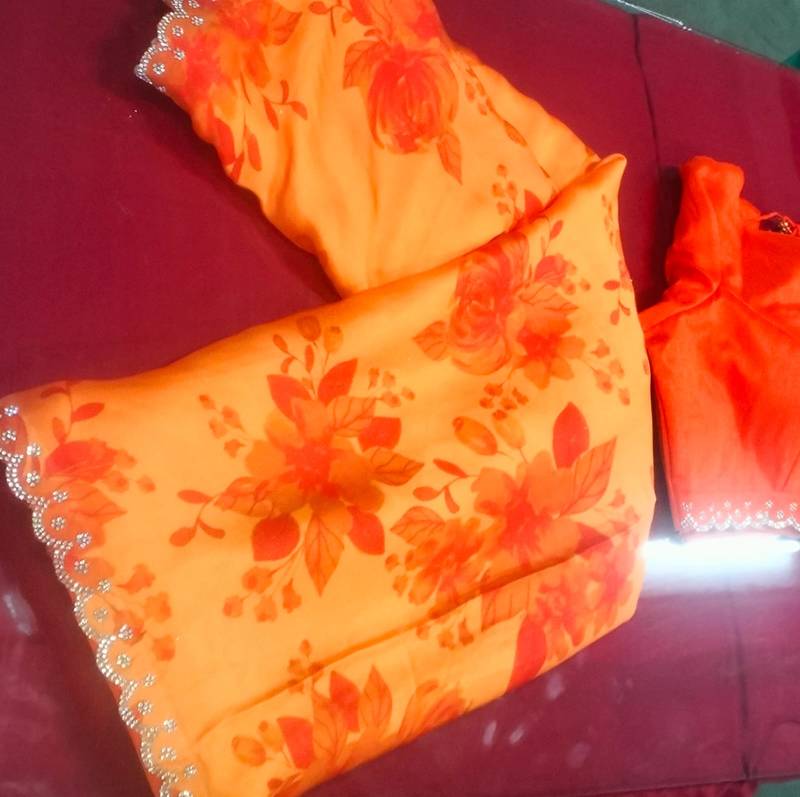 Printed Embellished Beads And Stones Satin Saree