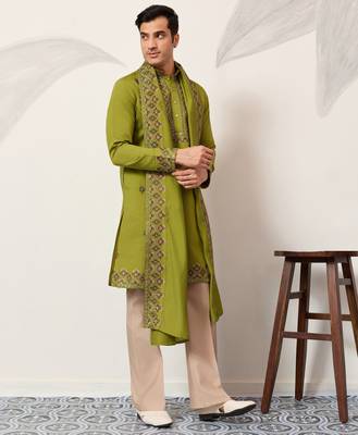 FLUORESENT GREEN VISCOSE SILK THREAD & SEQUINS EMBROIDERED WORK FESTIVAL MARRIAGE PARTY WEAR STRAIGHT KURTA DUPATTA 10