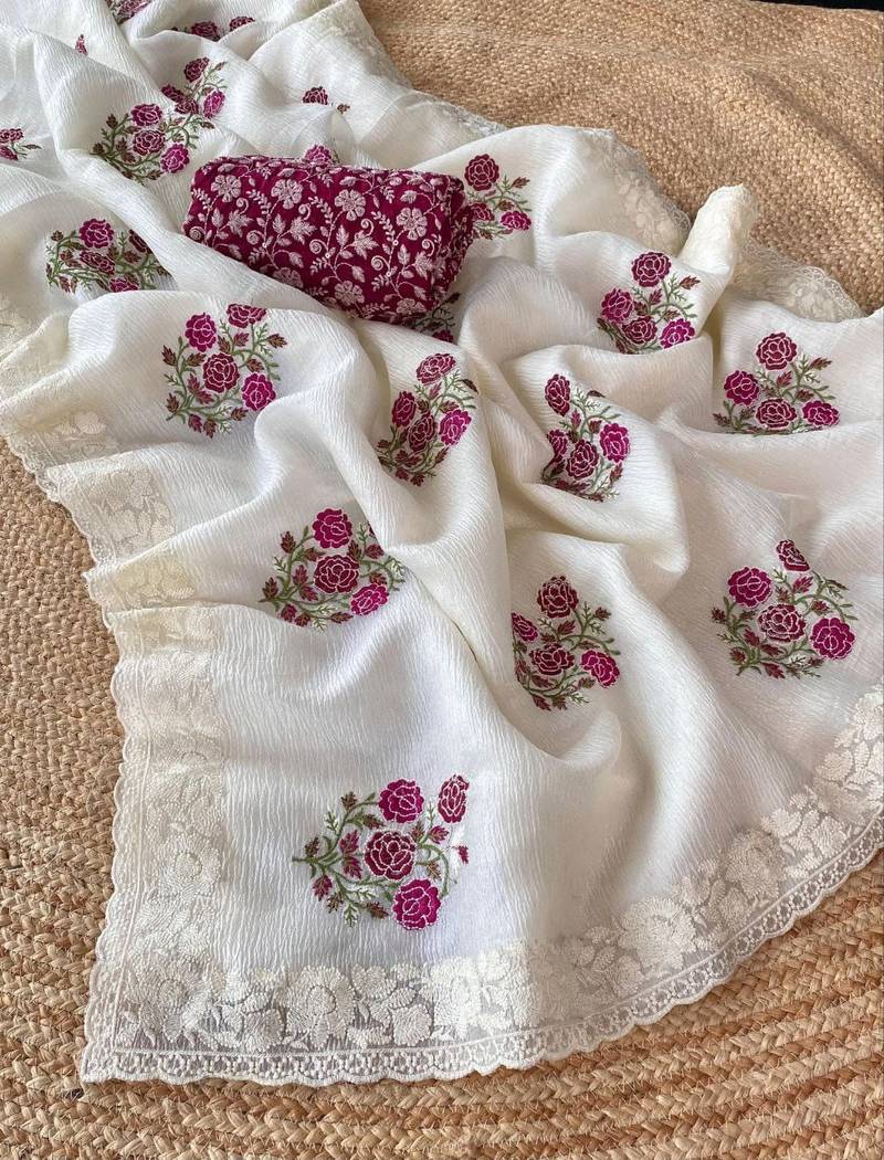 White Color Embroidered Crush Georgette Chiffon Saree