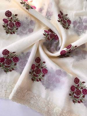 White Color Embroidered Crush Georgette Chiffon Saree 2
