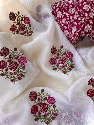 White Color Embroidered Crush Georgette Chiffon Saree 3