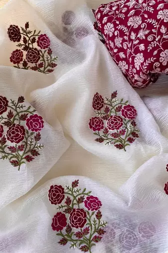White Color Embroidered Crush Georgette Chiffon Saree