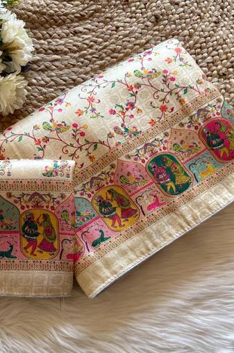 Off White Color Jari &Jaqurad weaving Work Silk Blend Saree