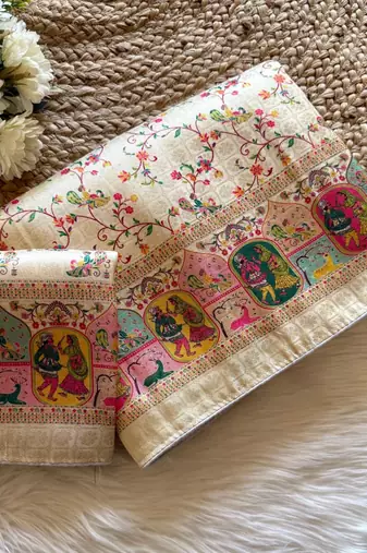 Off White Color Jari &Jaqurad weaving Work Silk Blend Saree