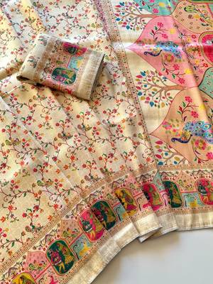 Off White Color Jari &Jaqurad weaving Work Silk Blend Saree 2
