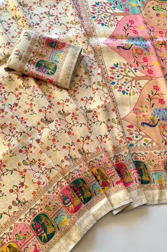 Off White Color Jari &Jaqurad weaving Work Silk Blend Saree