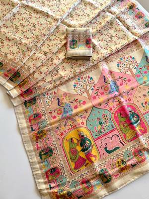 Off White Color Jari &Jaqurad weaving Work Silk Blend Saree 3