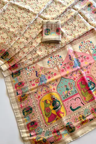 Off White Color Jari &Jaqurad weaving Work Silk Blend Saree