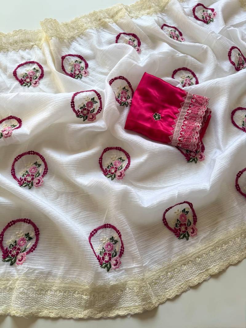 White Color Partywear Crush Georgette Chiffon Saree