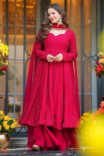 Red fuax blooming  party wear embroidery  suit set