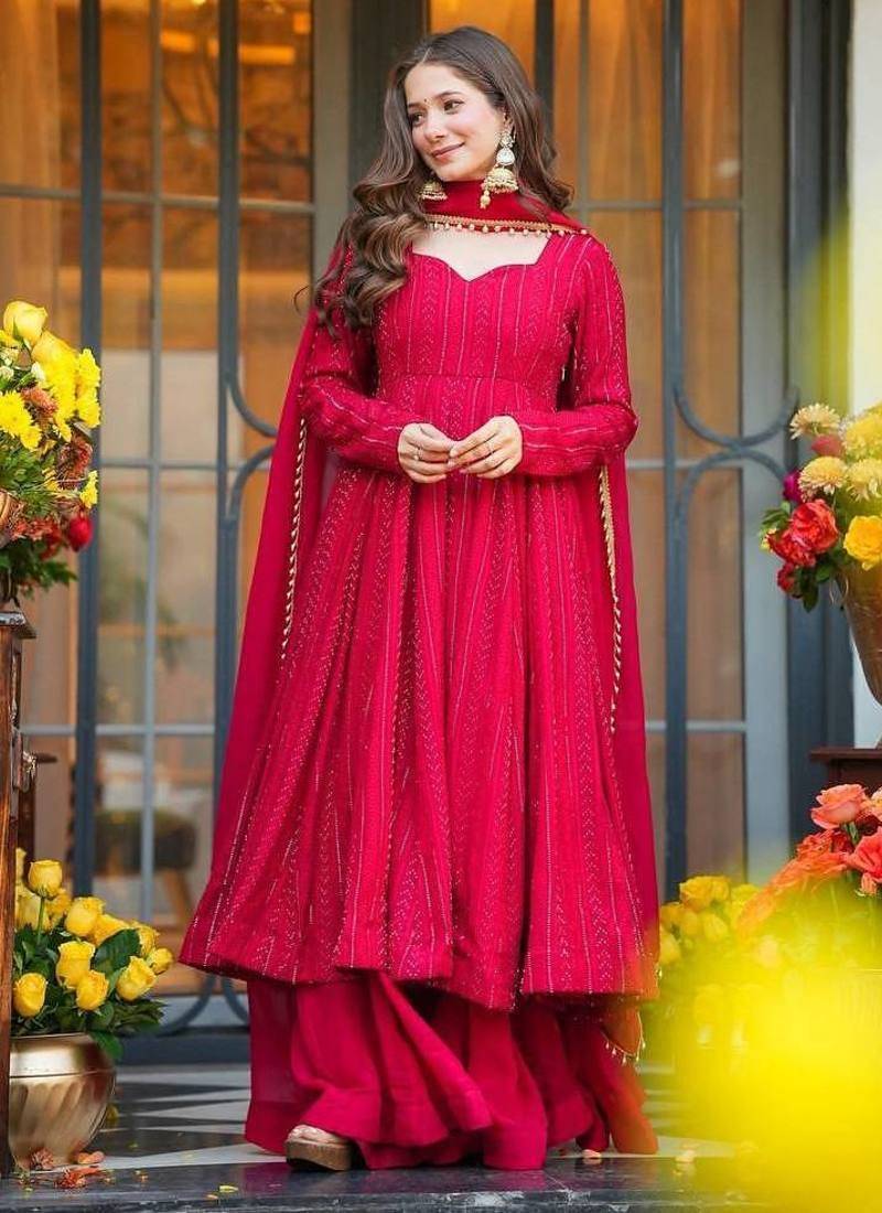 Red fuax blooming  party wear embroidery  suit set