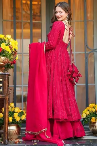 PINK fuax blooming  party wear embroidery  suit set
