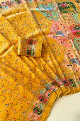 yellow Color Jari &Jaqurad weaving Work Silk Blend Saree