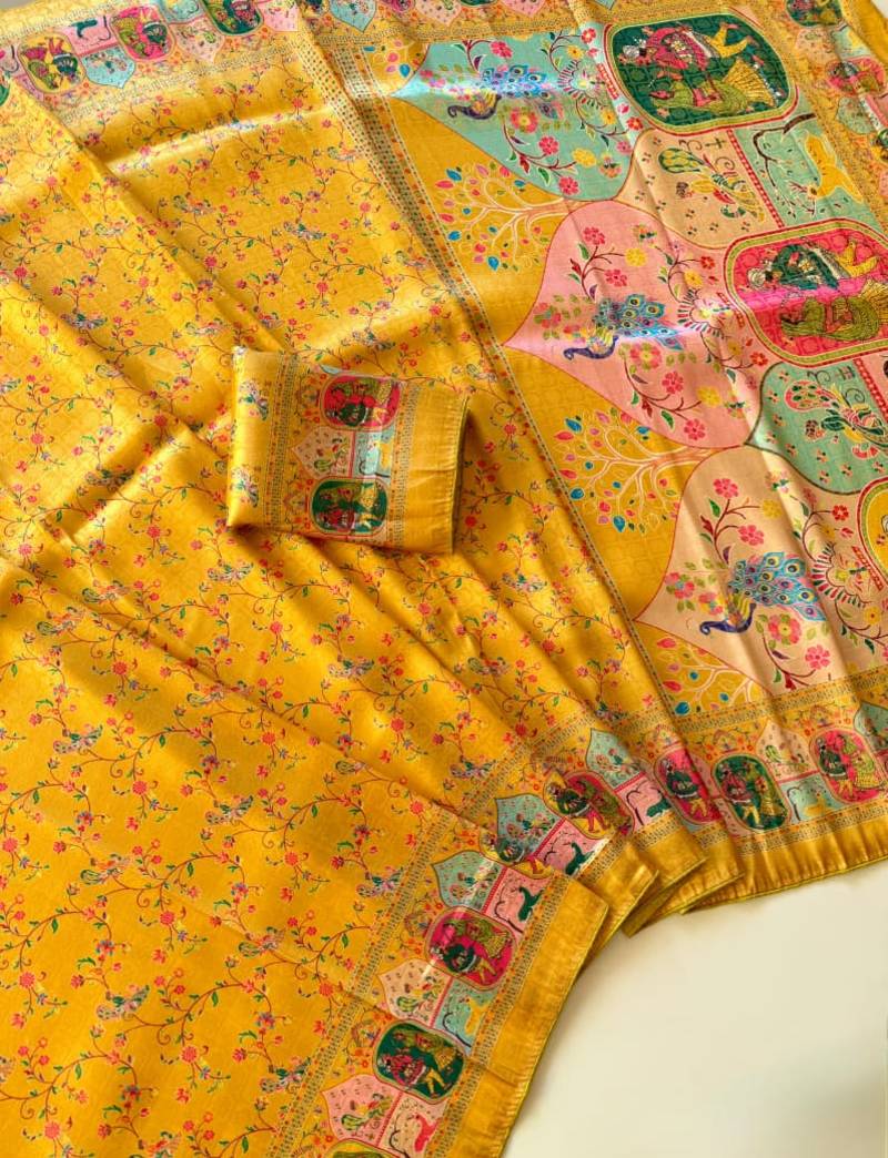 yellow Color Jari &Jaqurad weaving Work Silk Blend Saree