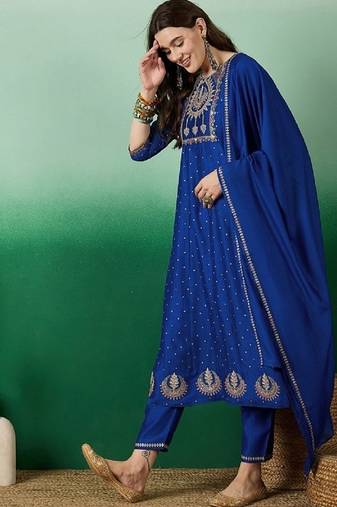 Emerald royal blue embroidered kurta pant set with dupatta