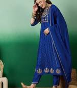 Emerald royal blue embroidered kurta pant set with dupatta