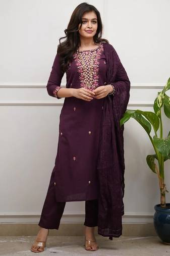 Women wine embroidered kurta set with dupatta