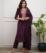 Women wine embroidered kurta set with dupatta