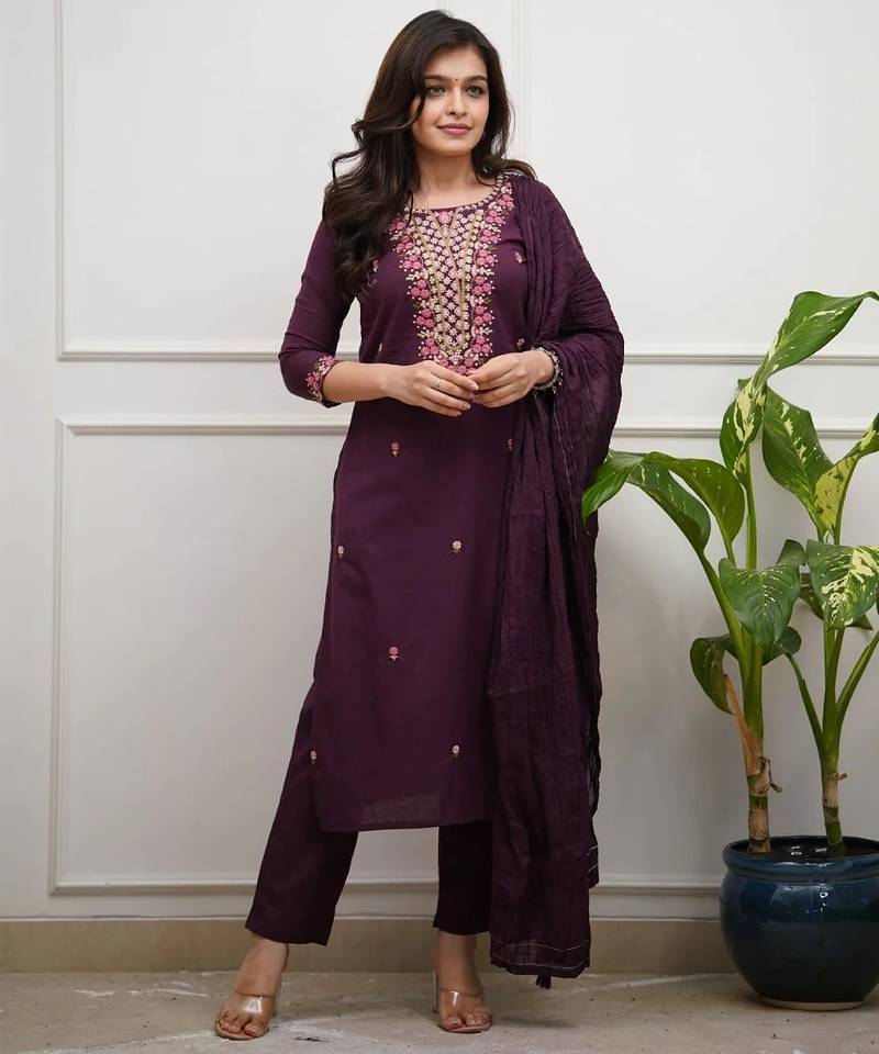 Women wine embroidered kurta set with dupatta