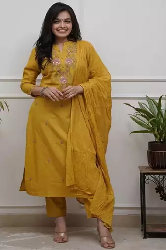 Women mustard embroidered kurta set with dupatta