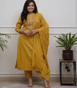 Women mustard embroidered kurta set with dupatta