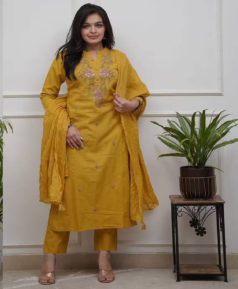 Women mustard embroidered kurta set with dupatta