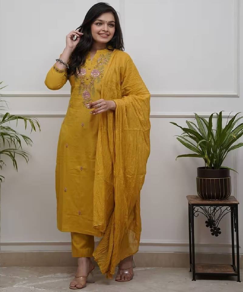 Women mustard embroidered kurta set with dupatta
