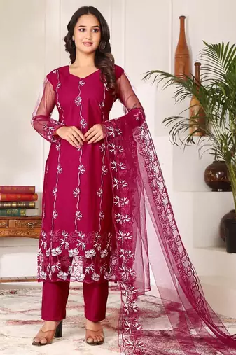 Rani pink  kurta pant set with floral embroidery
