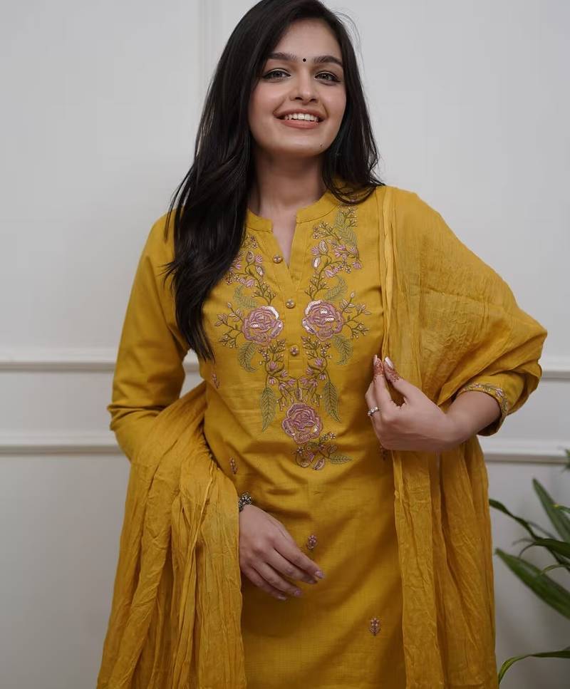 Women mustard embroidered kurta set with dupatta