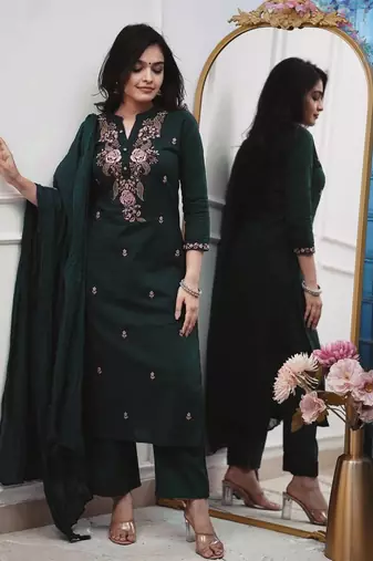 Women bottle green embroidered kurta set with dupatta