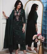 Women bottle green embroidered kurta set with dupatta