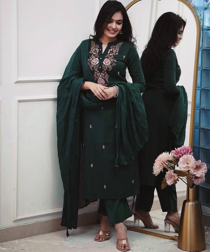 Women bottle green embroidered kurta set with dupatta