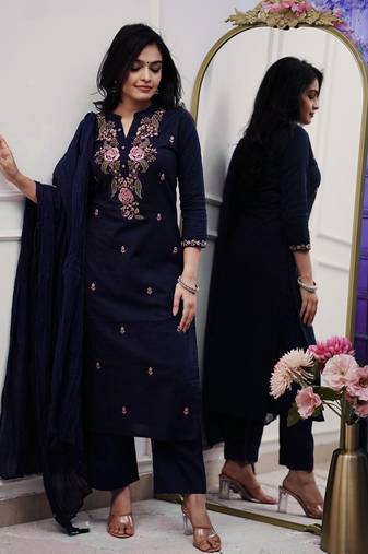 Women navy embroidered kurta set with dupatta